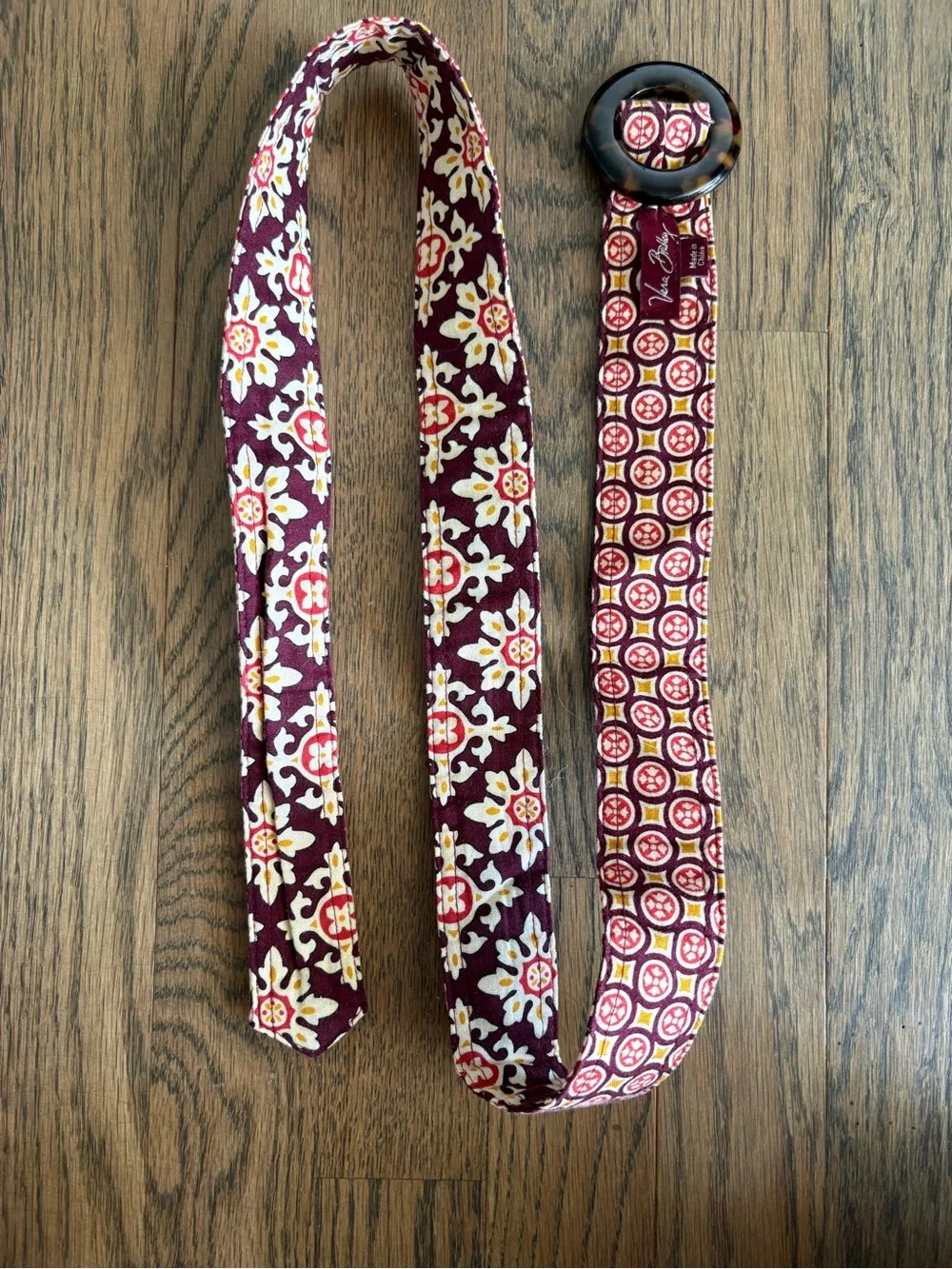 Vera Bradley Maroon Floral Fabric Belt with Tortoiseshell Ring
